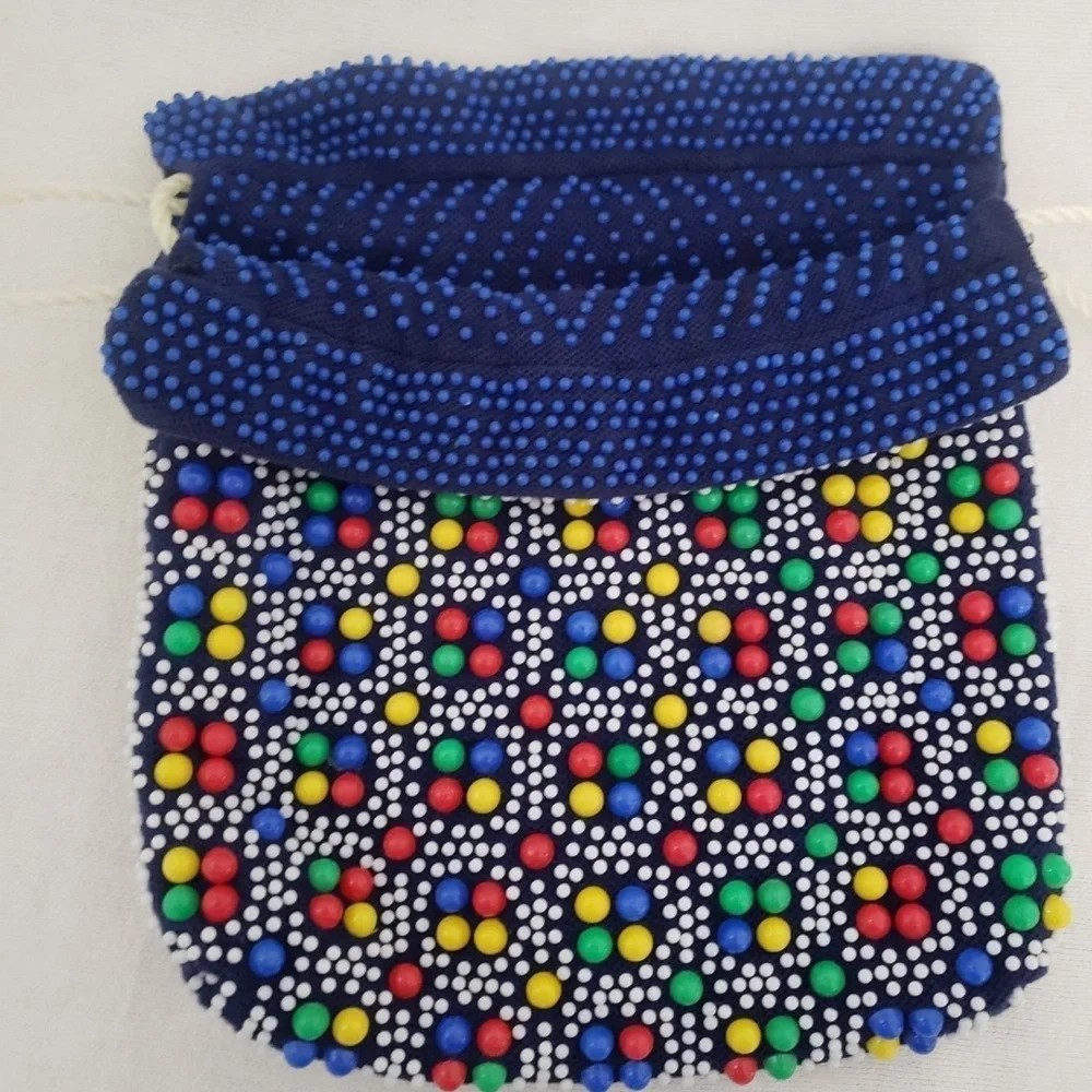 Vintage 70s Kitschy Candy Dot Bead Reversible Drawstring Satchel Bag